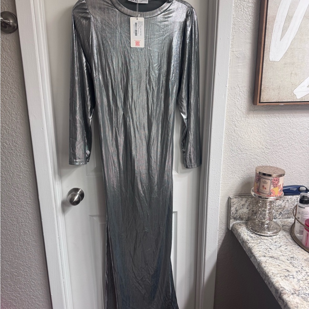 Rebdolls Metallic Silver Ribbed Maxi Dress